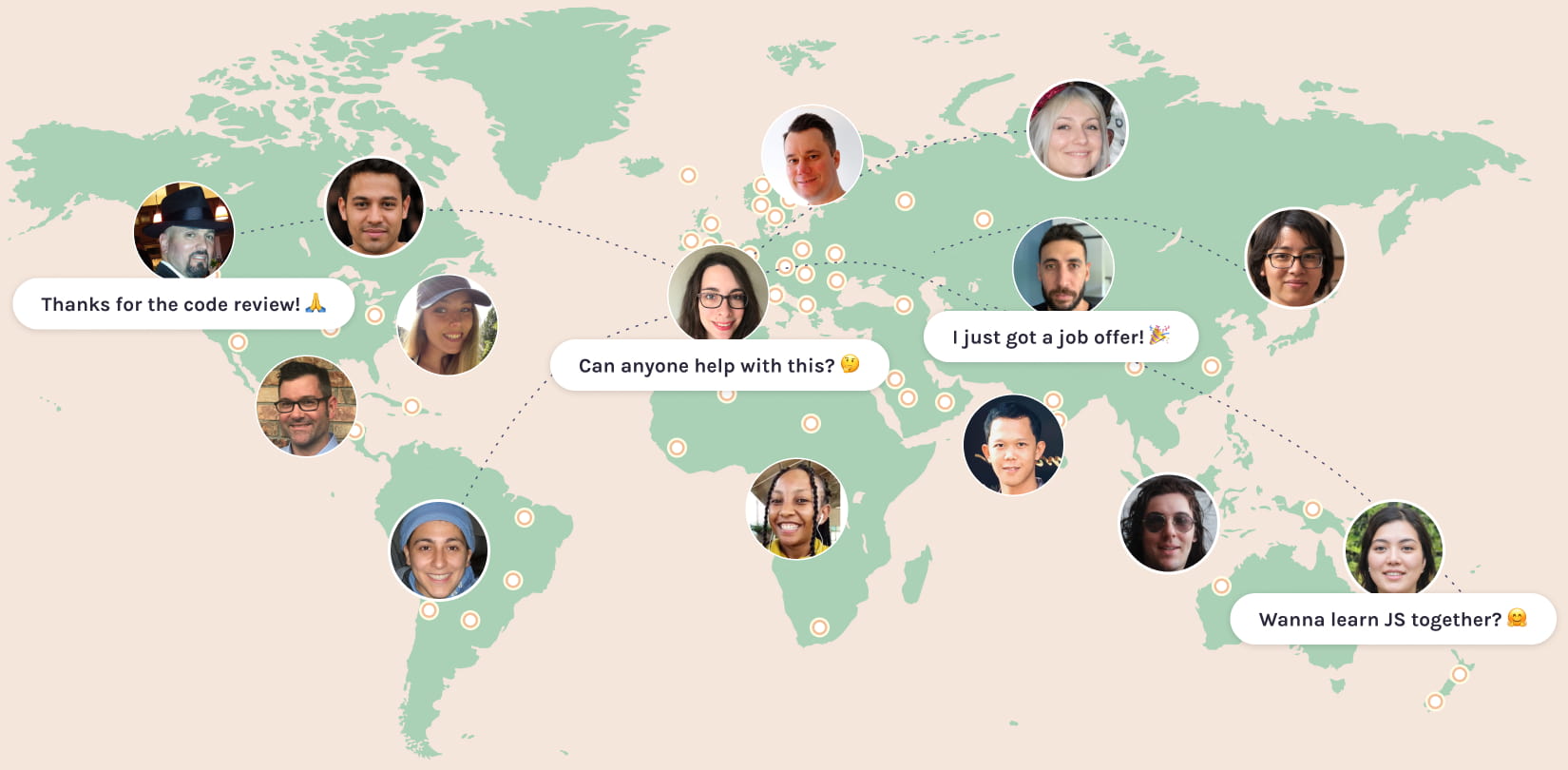 World map with users all over the globe chatting about code.
